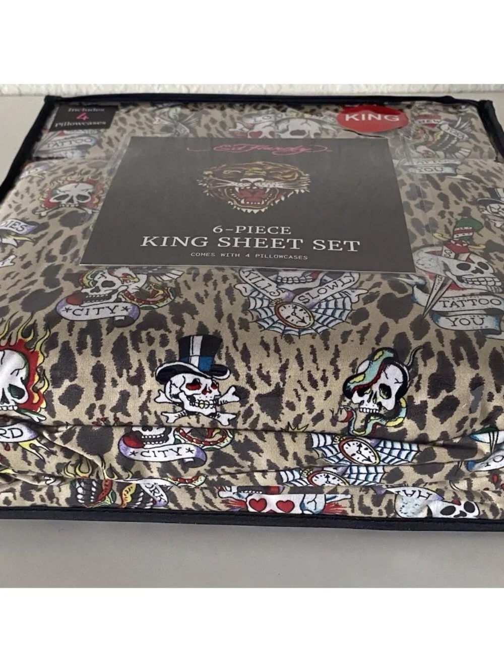 6 PC Ed Hardy KING SIZE Sheet Set Skulls Heart Leopard Animal Print NEW